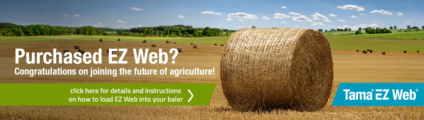 Bale wrapped with EZ Web in the field with cows in the background