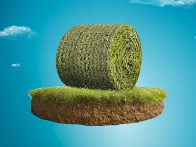 Bale with EZ Web on a patch of land flowting in blue background